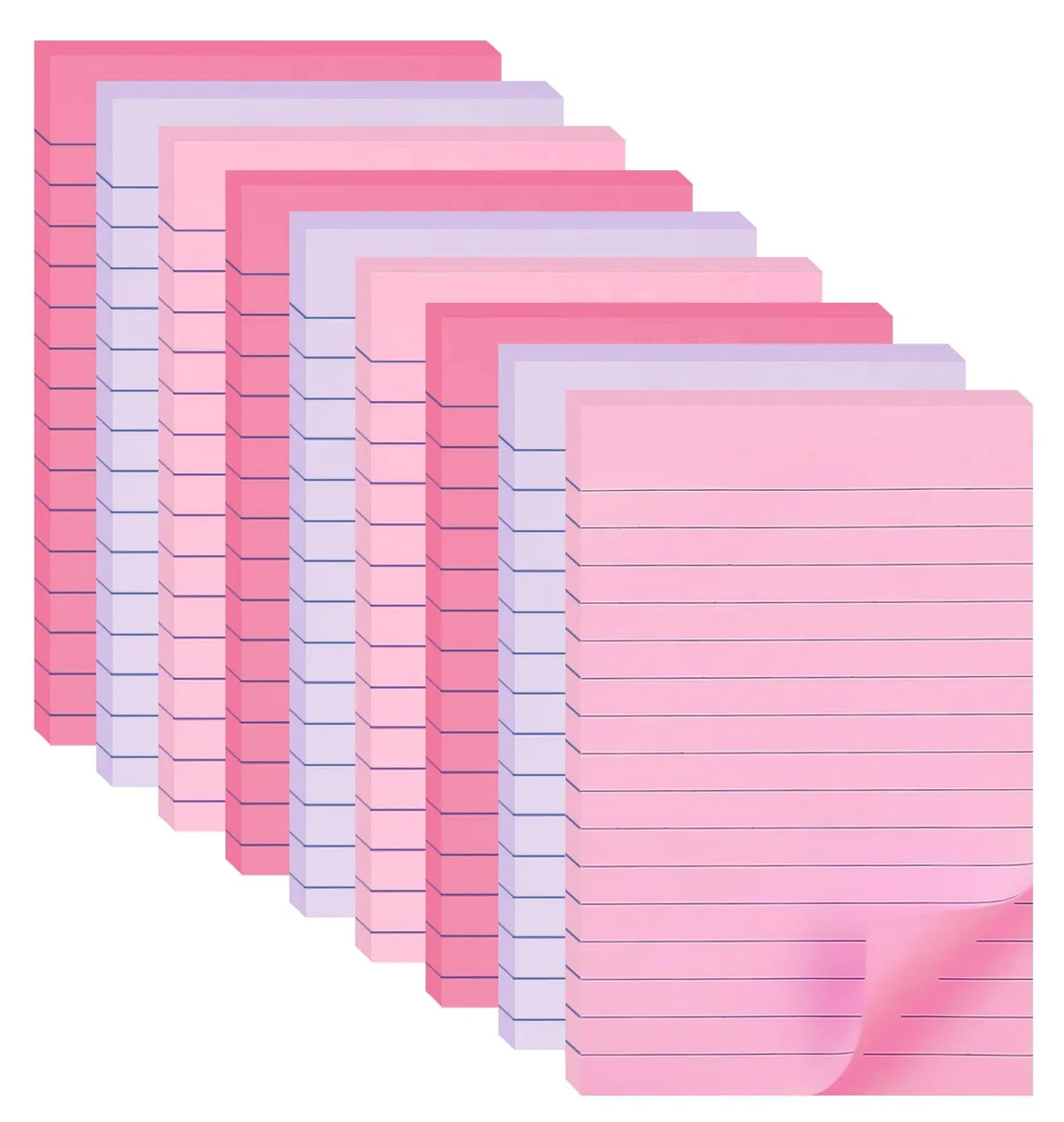 Nine pads of lined 4x6 inch sticky notes in pink red and light purple pastel shades