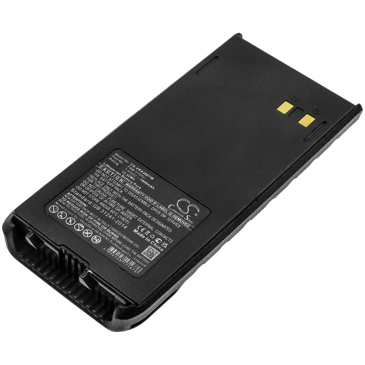 Rectangular lithium-ion battery pack with dark casing and connector contacts