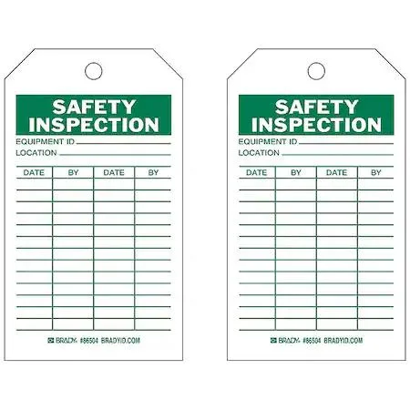Pack of ten green-on-white laminated safety inspection tags with nylon ties