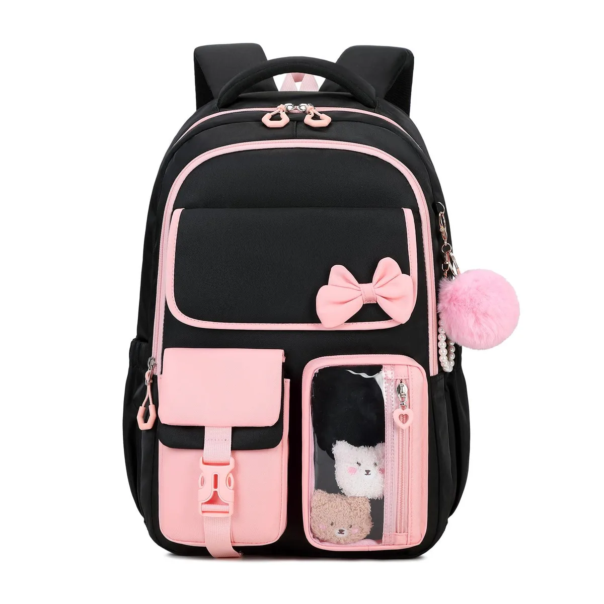 Black and pink 18 inch nylon daypack with bow detail and laptop sleeve