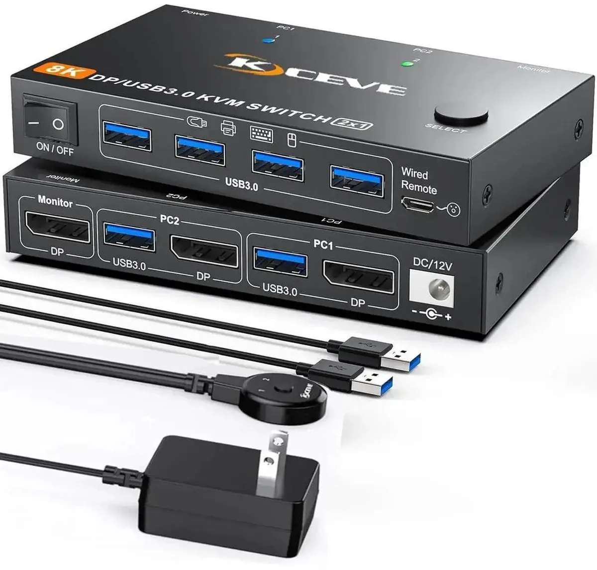 Vszerda Vszerda 2-Port DP KVM Switch 8K60 4K144 USB 3.0 Wired Remote — product photo