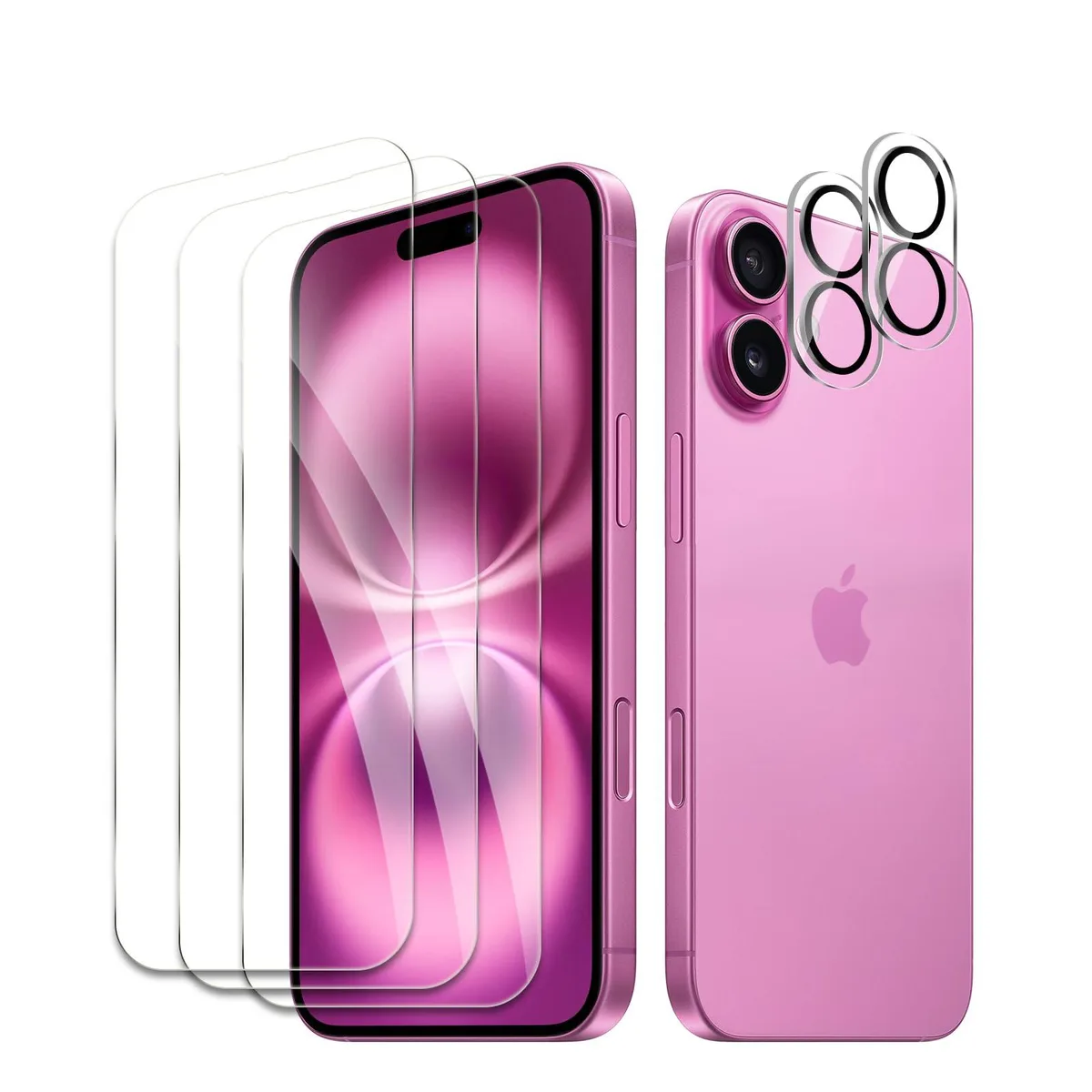Clear glossy tempered glass sheets, five protectors for iPhone 16 Plus