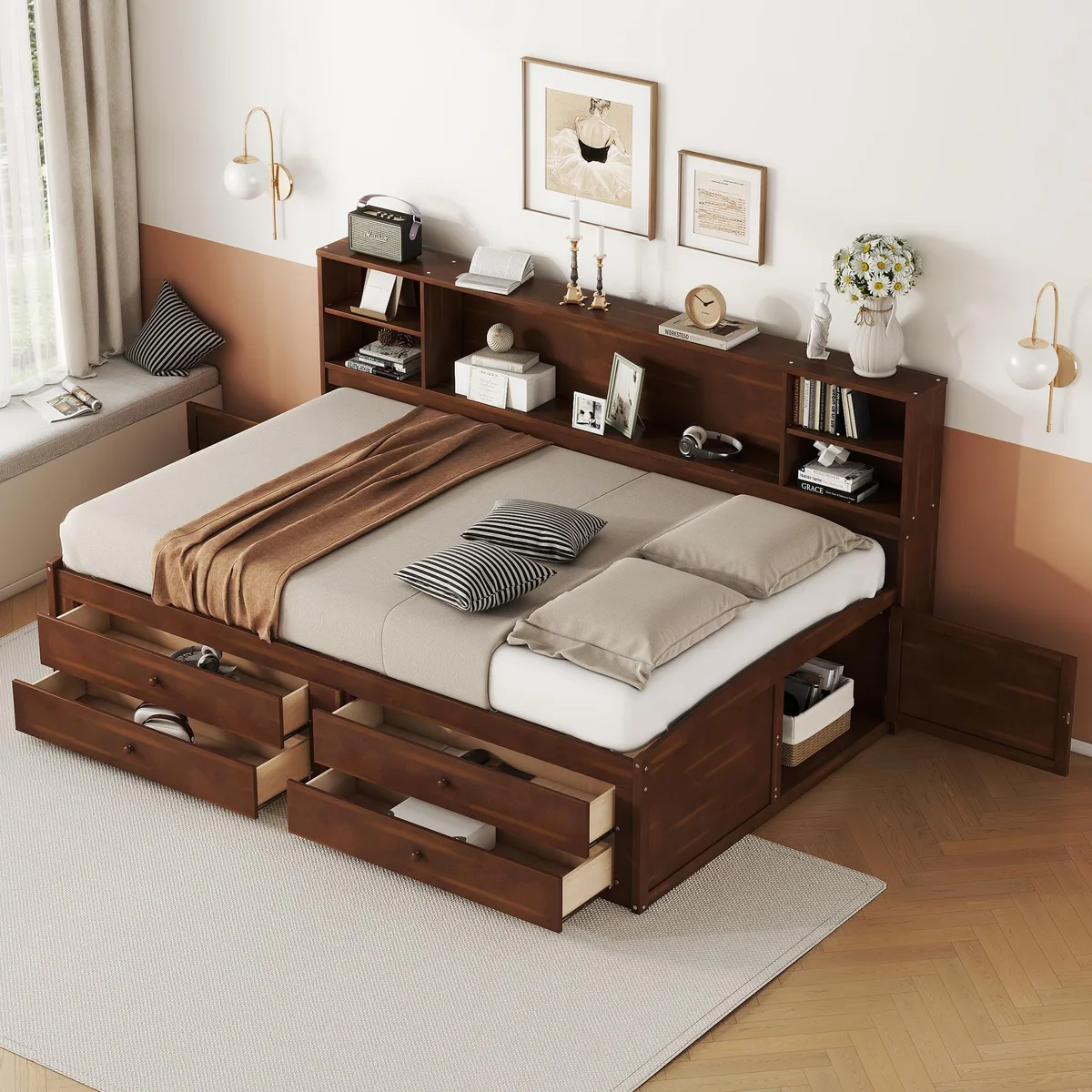 tuphen tuphen Full Size Captain Bed Antique Brown 4 Drawers 2 Cabinets Shelves — product photo