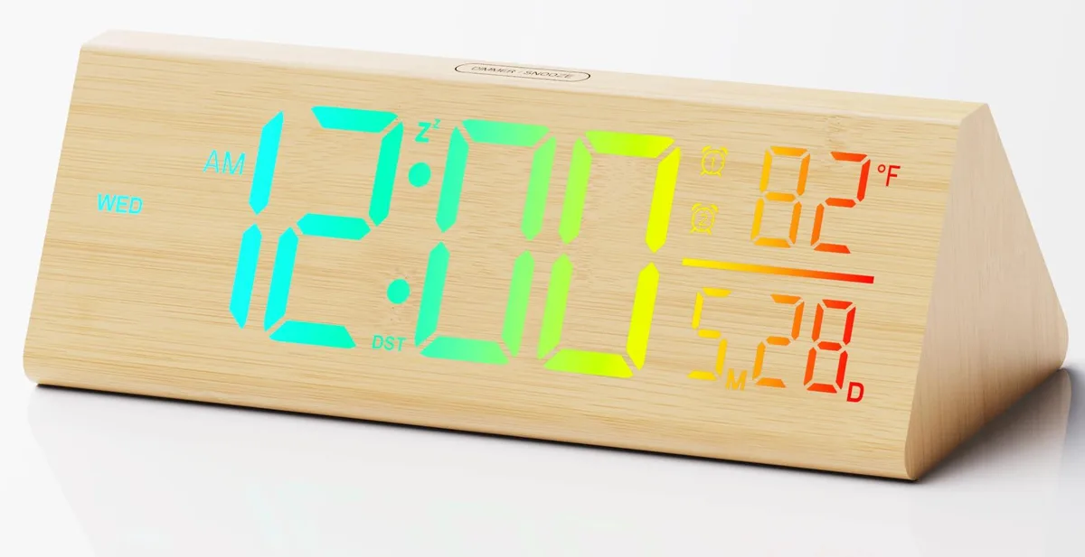 Rectangular bamboo digital clock with large central display showing time date temperature
