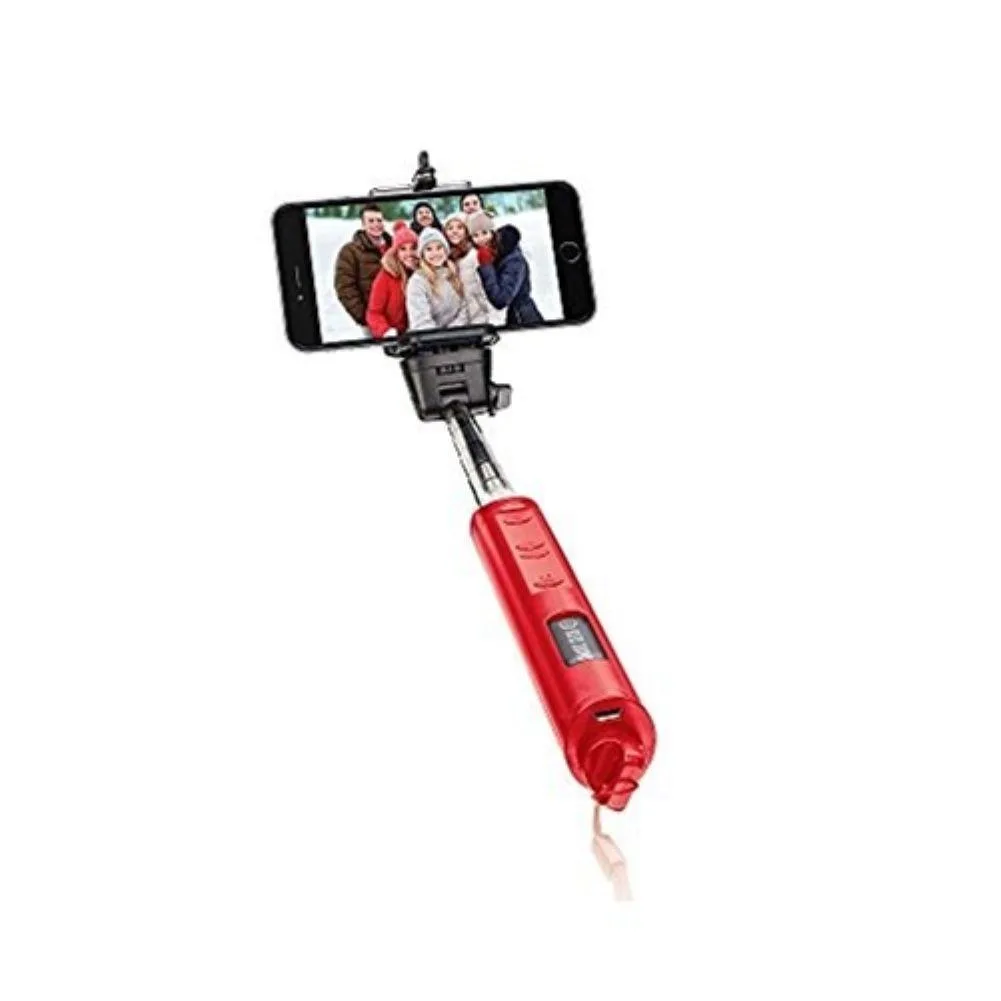Red telescopic selfie stick, extends to 40 inches, Bluetooth remote, adjustable 180-degree ball head, phone clamp up to 3.5 inches