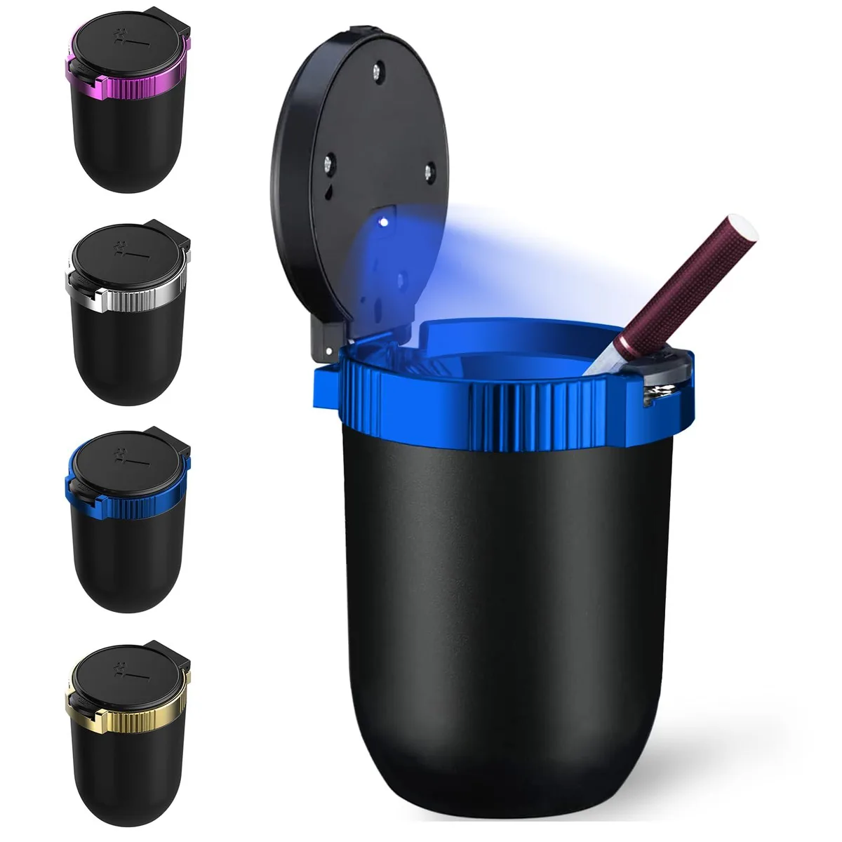 Small cylindrical blue ashtray with push-button lid and LED light, stainless steel interior, fits cup holders