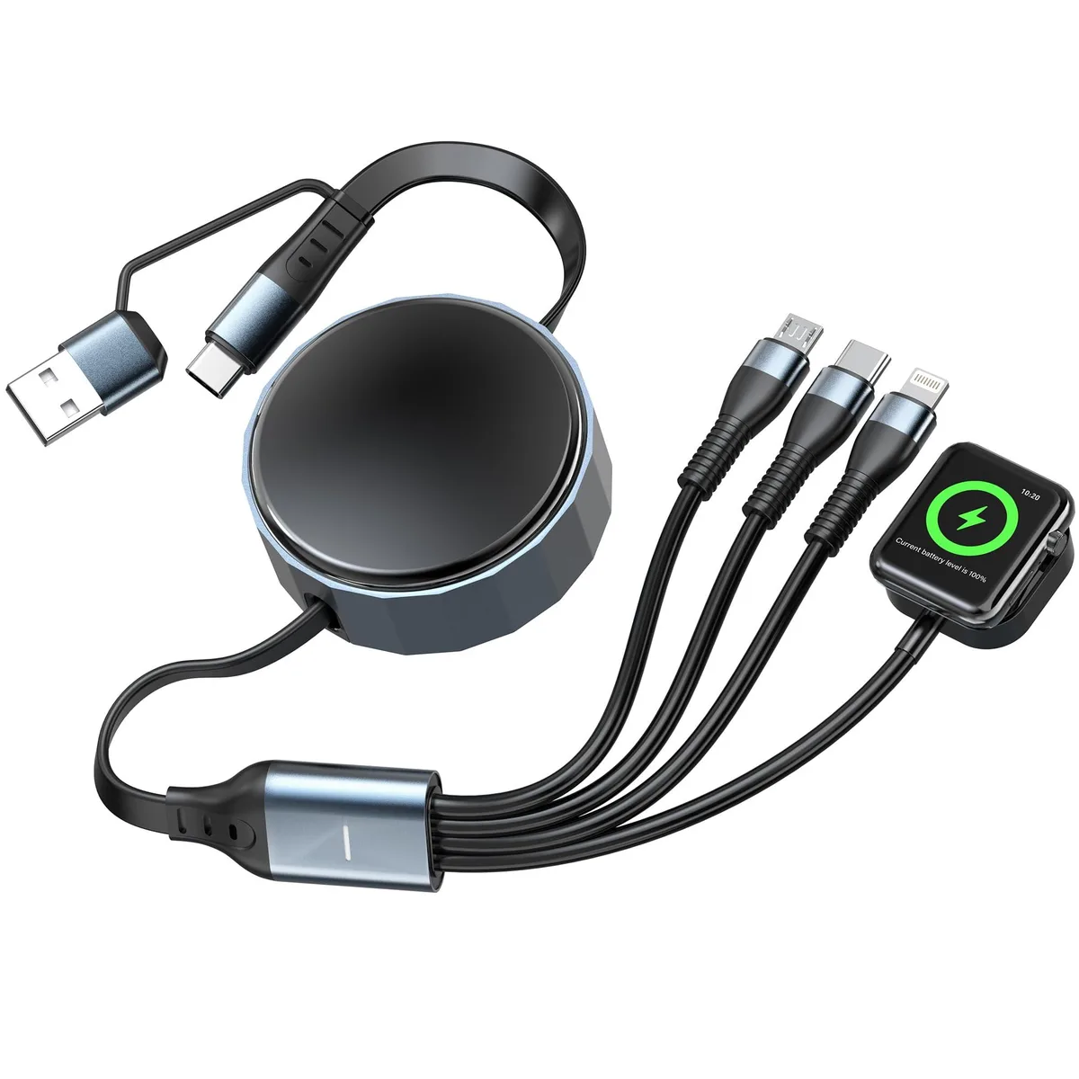 White retractable cable reel with magnetic Apple Watch puck, USB-C, Lightning and Micro-USB connectors visible