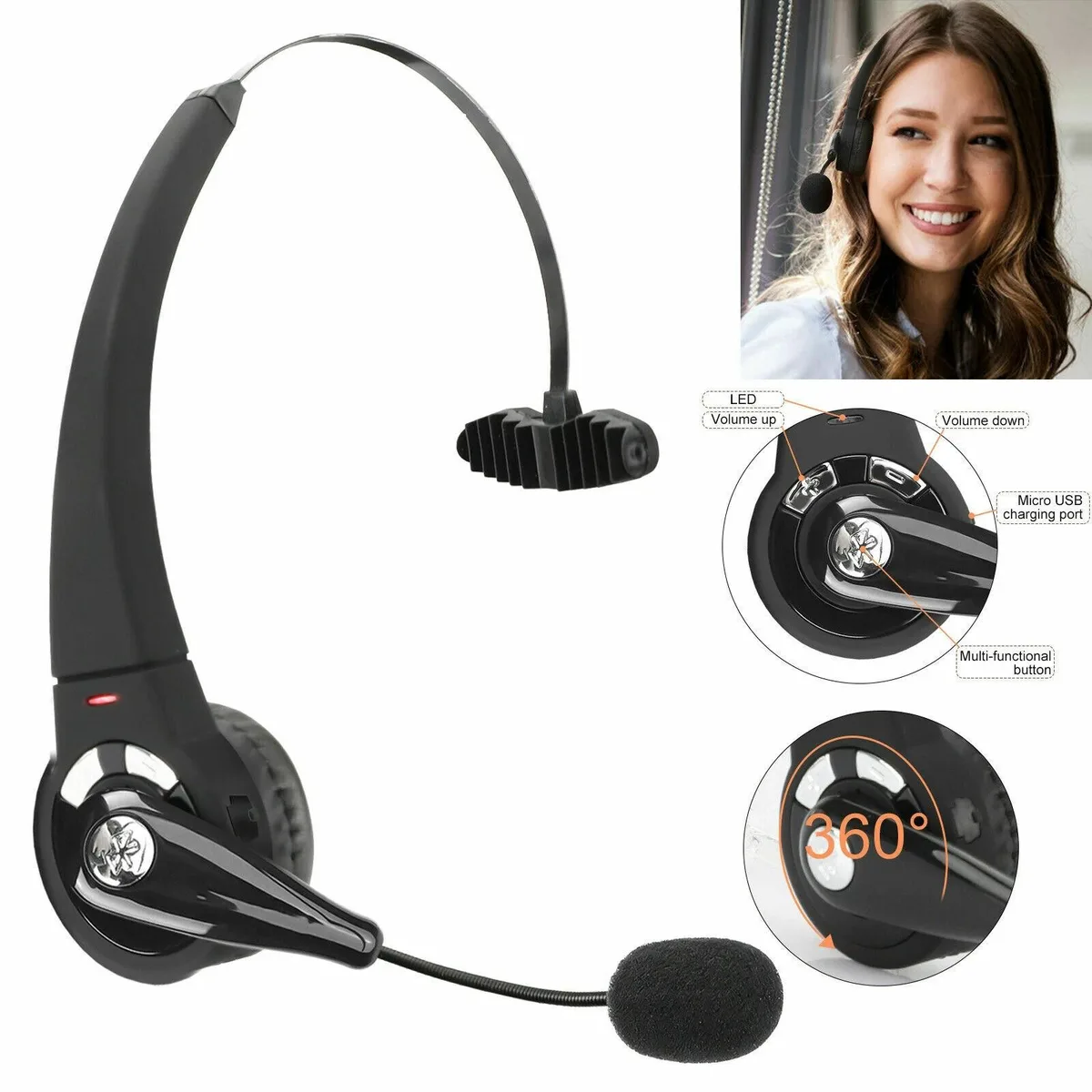 RAYBESTOS UNBRANDED RAYBESTOS UNBRANDED Wireless Bluetooth Headset Noise Cancelling Over-Head Boom Mic Trucker — product photo