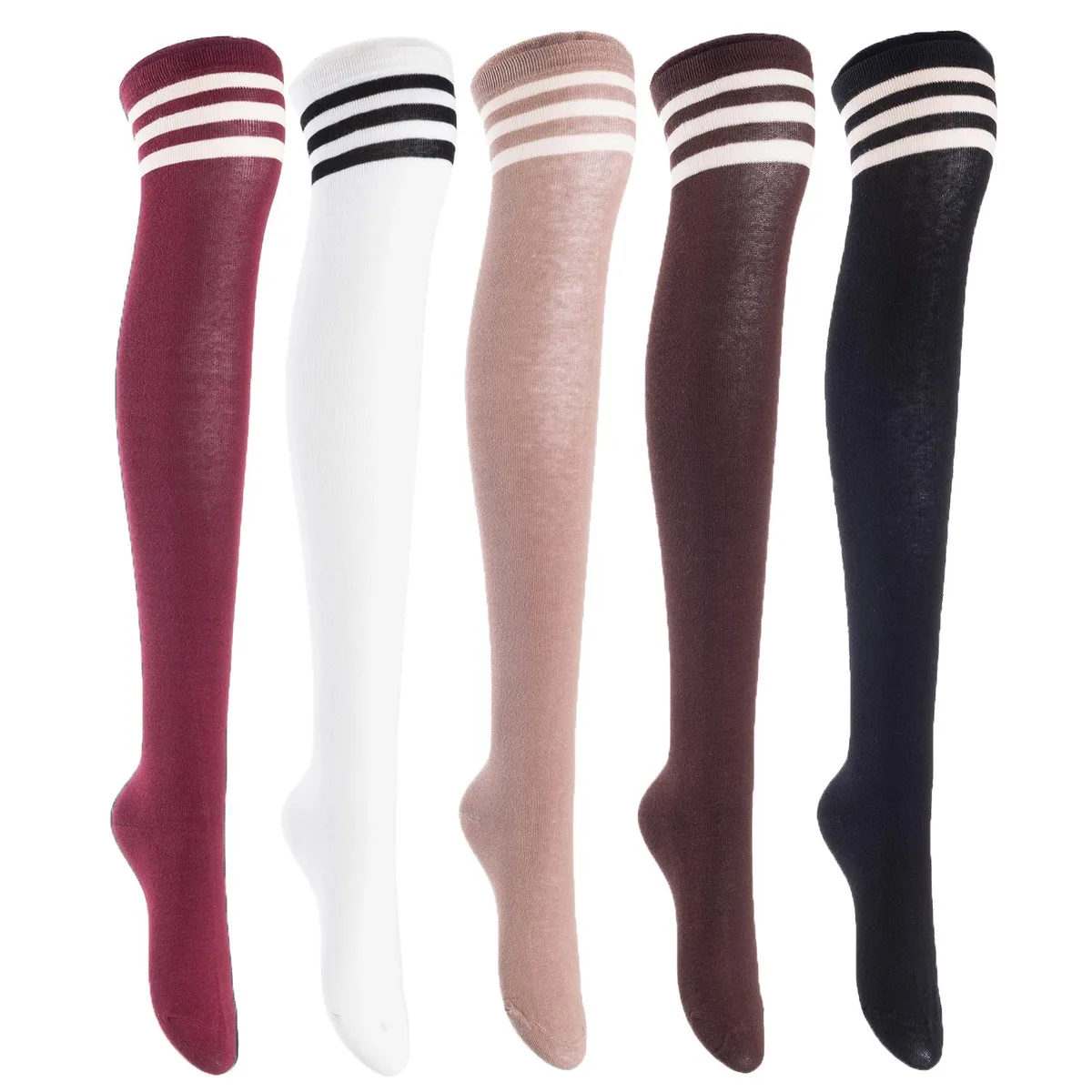 Five pairs of thigh-high cotton socks in black, coffee, khaki, white and wine colours