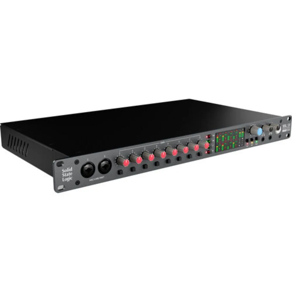 Rackmount audio interface with front-panel knobs and meters