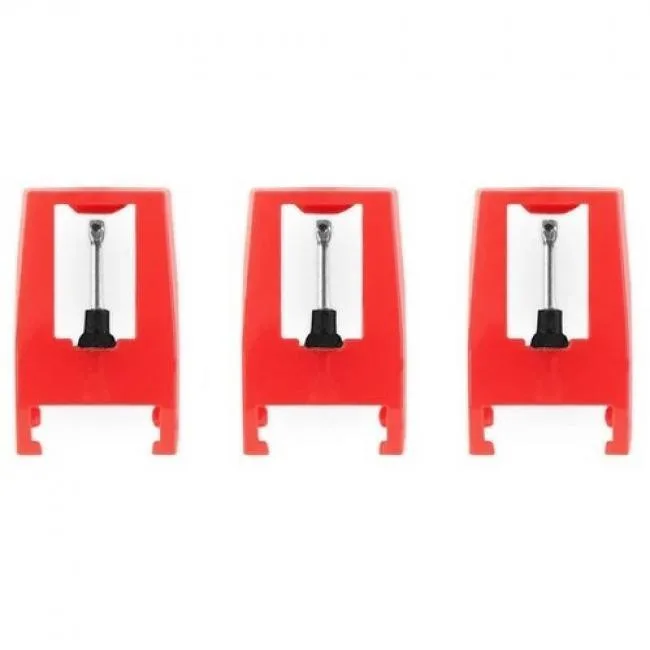 Three red replacement stylus needles in clear packaging