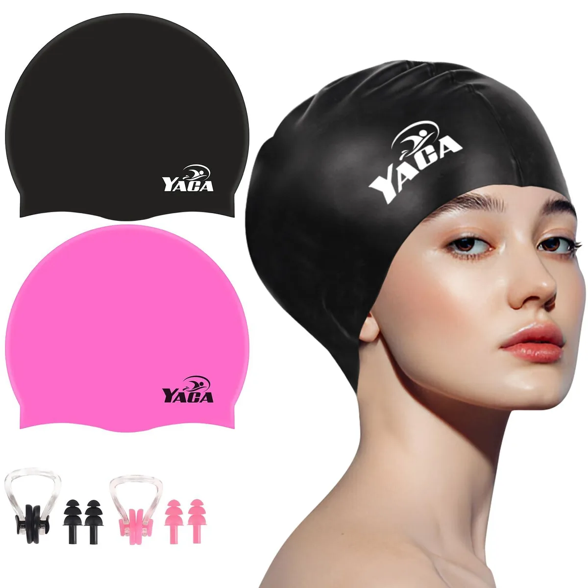 Two black silicone swim caps with ear plugs and nose clip