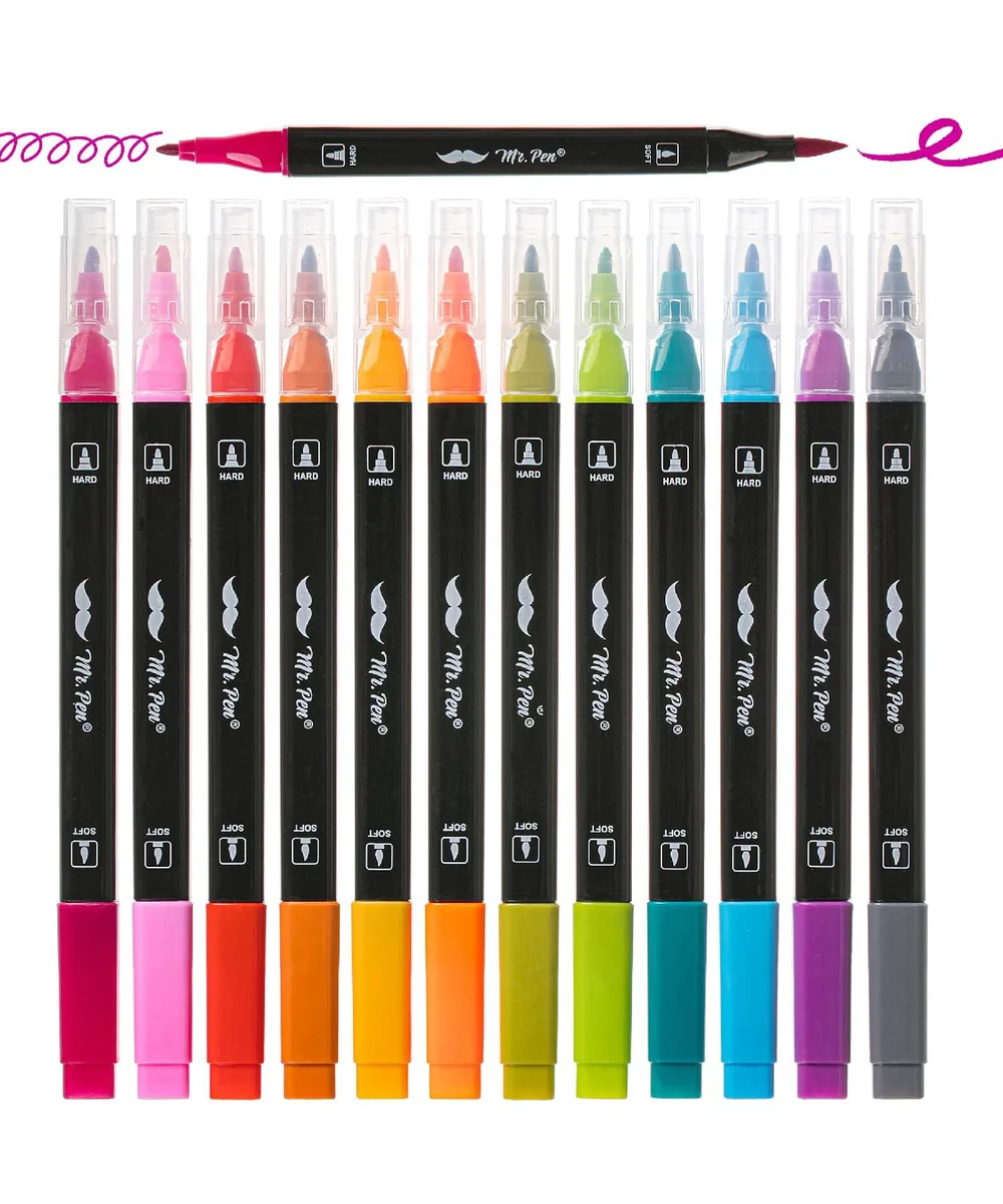 Box of twelve blue dual-tip brush pens with leather finish