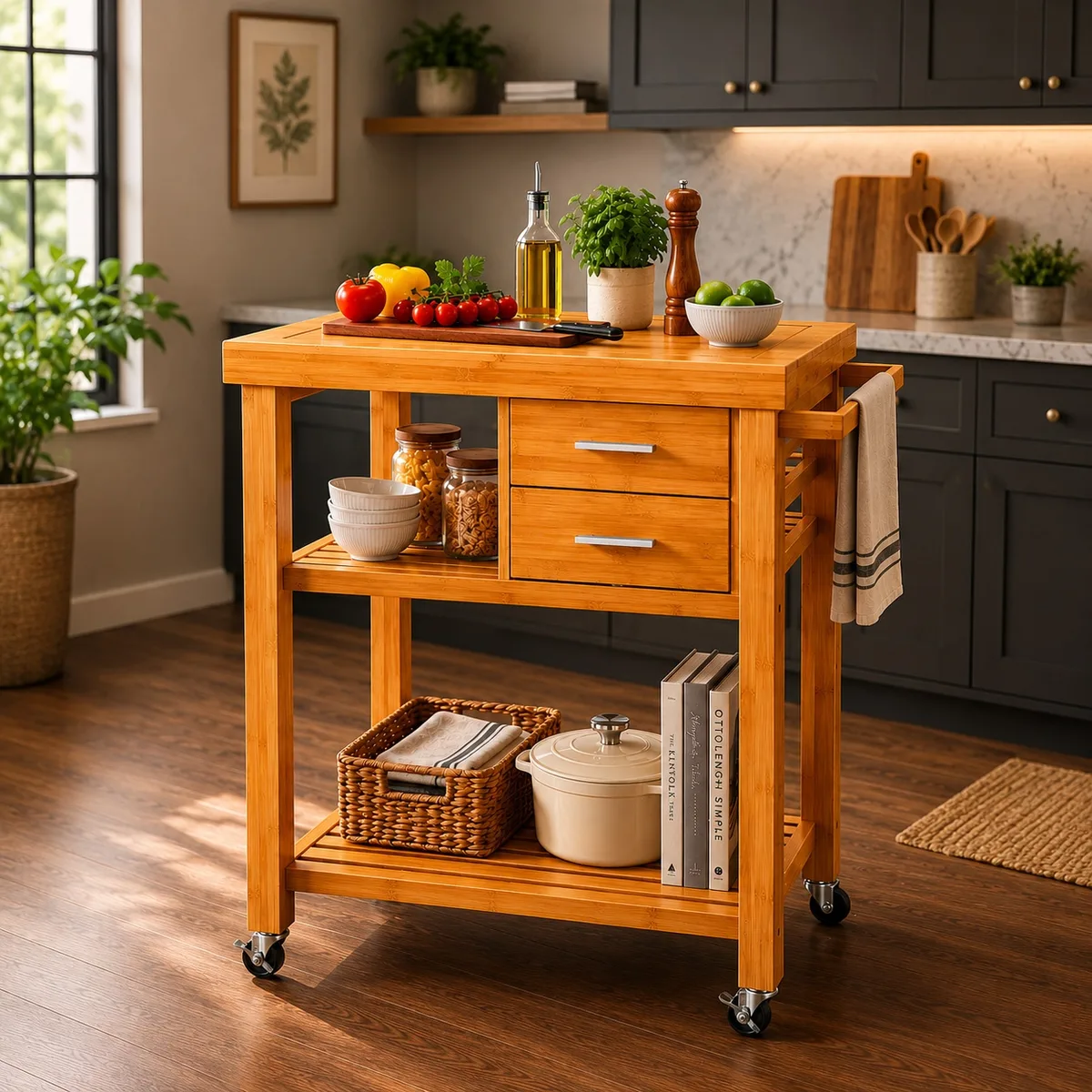 Home Aesthetics Home Aesthetics Rolling Bamboo Kitchen Island Cart with Towel Rack Drawers — product photo