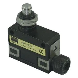 Small rectangular industrial limit switch with top plunger actuator and screw terminals