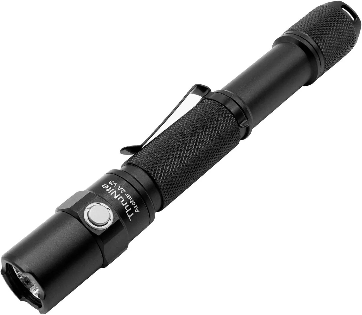Compact cool-white AA flashlight with knurled grip and dual switches