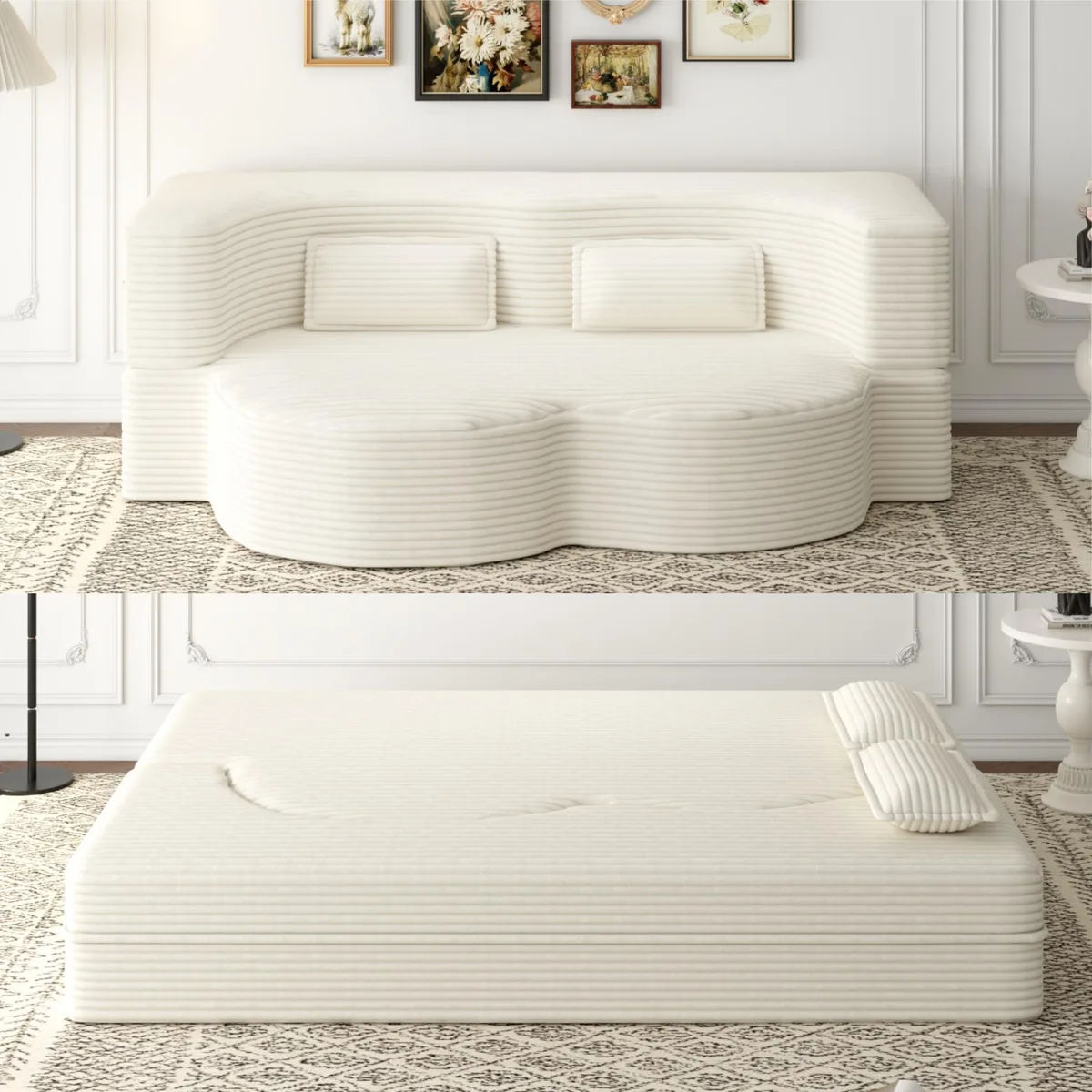 Beige and white corduroy floor sofa with two pillows, folded flat