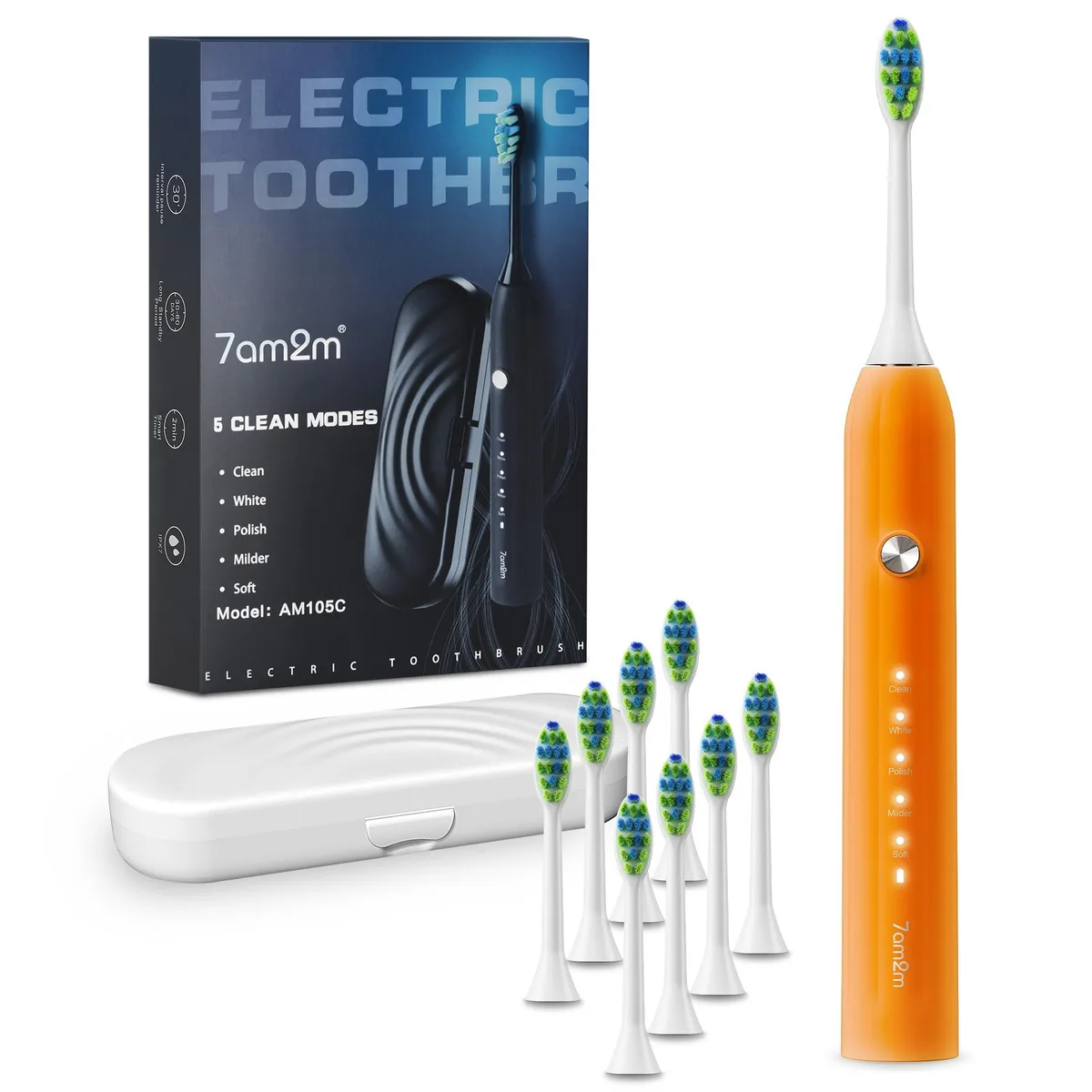 Orange sonic toothbrush with travel case and eight brush heads