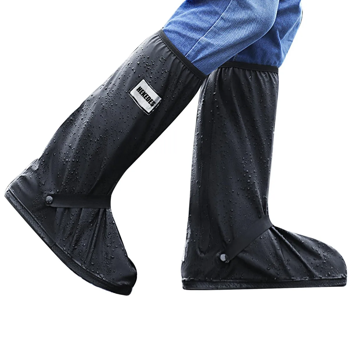 Black waterproof boot cover with zipper, reflective strip, non-slip sole, elastic top band