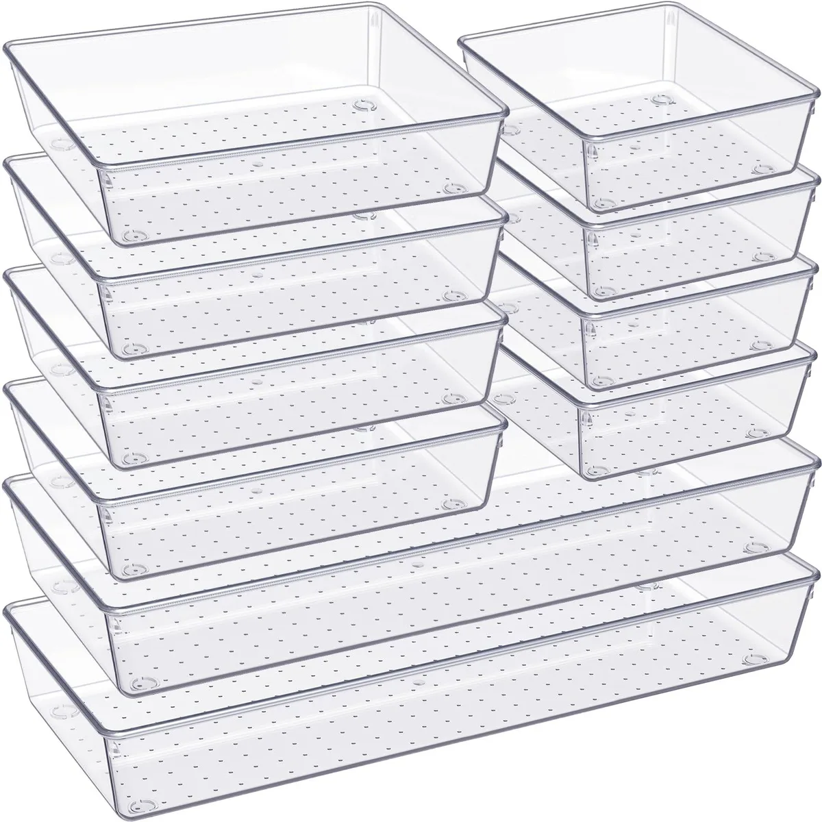 Ten clear plastic trays in three sizes largest fifteen inches long rectangular low profile smooth finish
