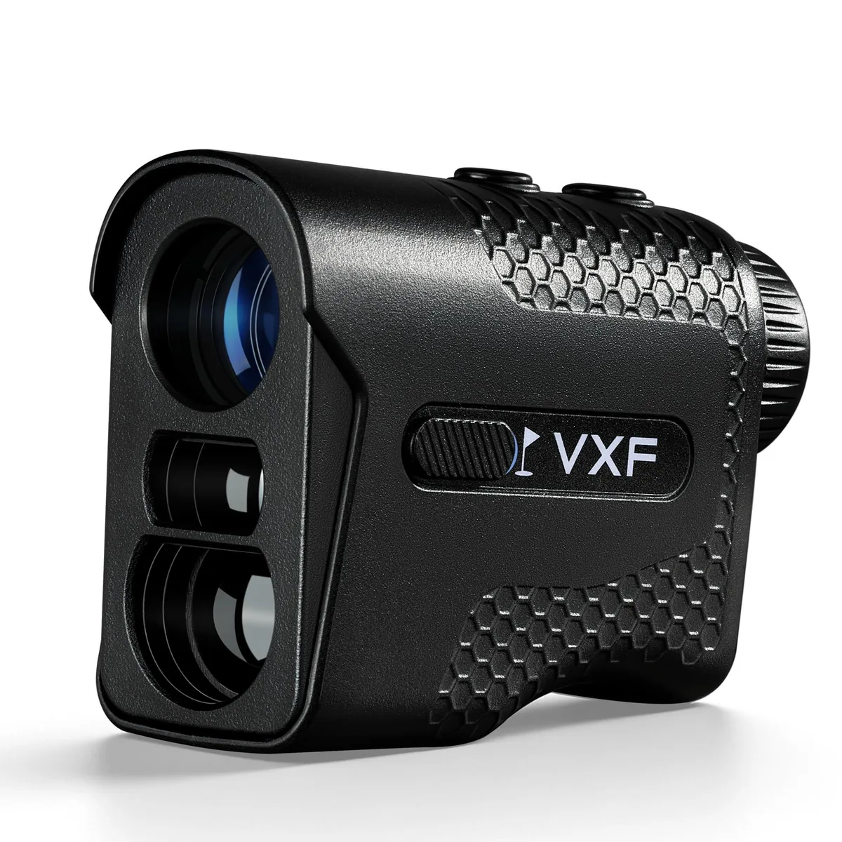 Black compact golf rangefinder with rubber grip and buckle strap, 6.5x magnification, USB-C port visible