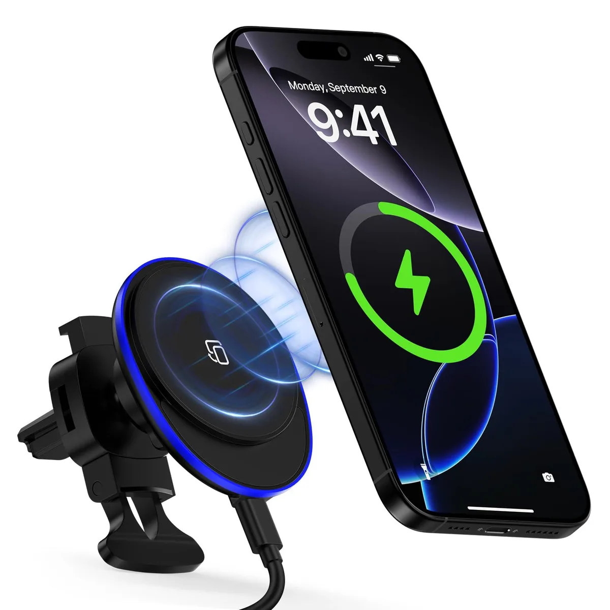 Black rectangular wireless charger with magnetic face and vent clip
