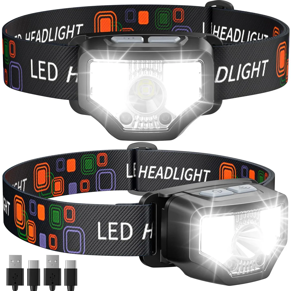 Two black rechargeable LED headlamps with adjustable elastic headbands and tilting lamp heads