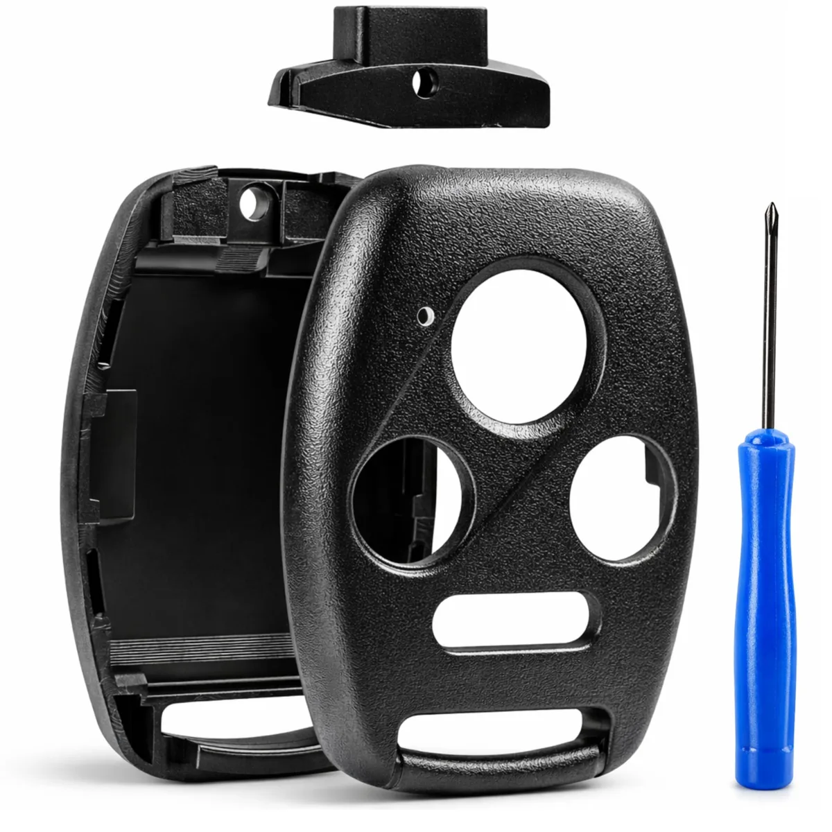 Black plastic four-button key fob shell case with rounded rectangular shape and smooth matte finish