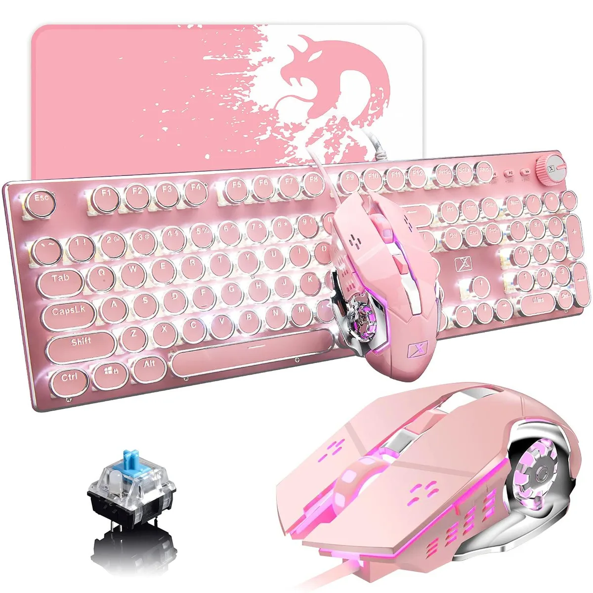 LexonElec Pink Retro Mechanical Gaming Keyboard &amp; Mouse 104-Key Blue Switch White LED — product photo
