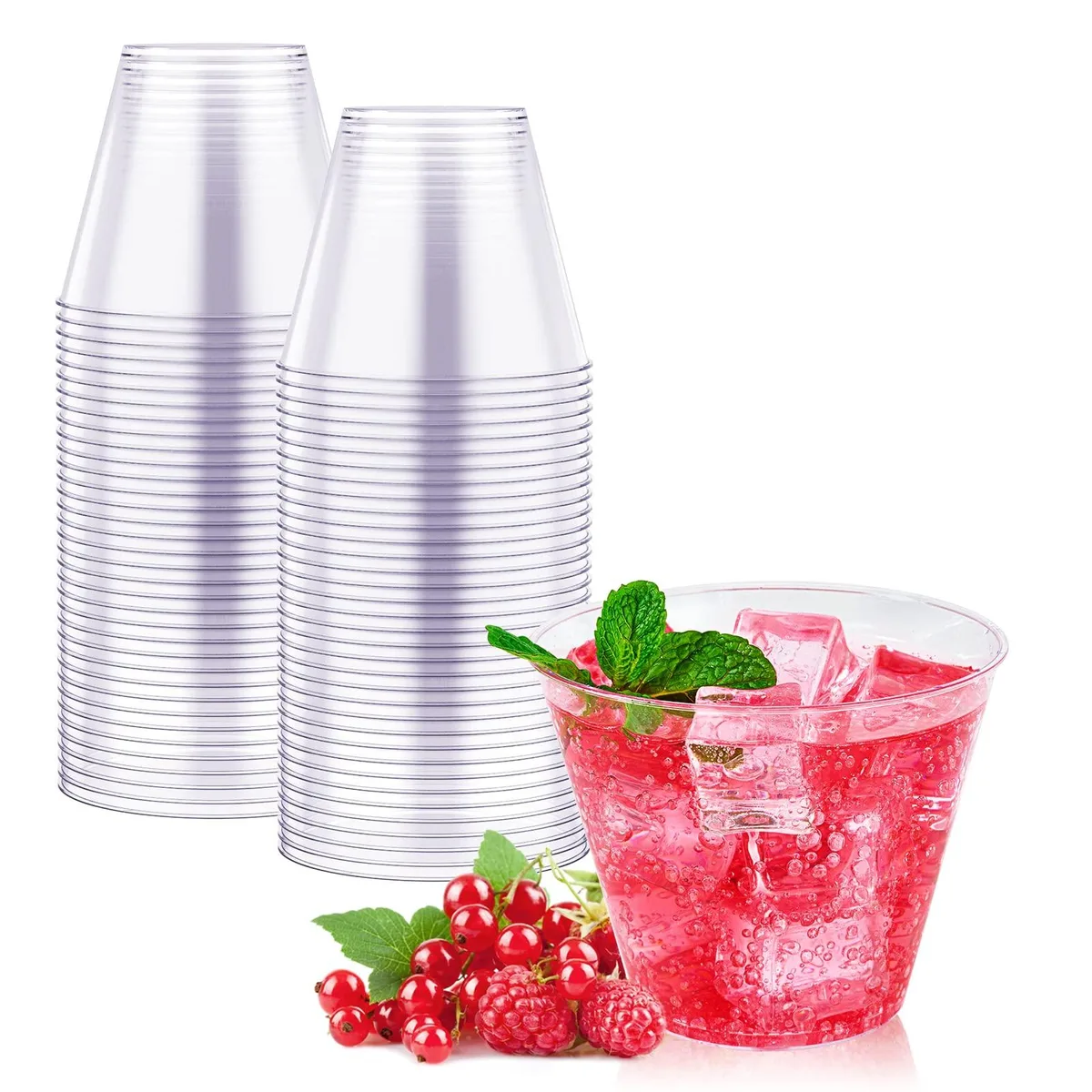 Clear disposable plastic cups in a 50 pack