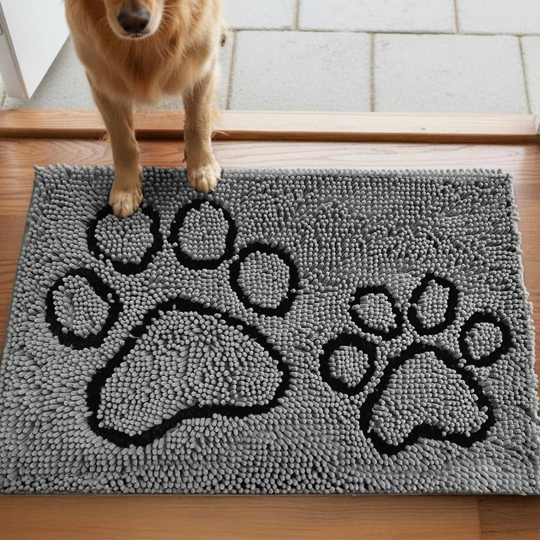 Grey rectangular door mat with two-paw motif, chenille texture, 19 by 30 inches