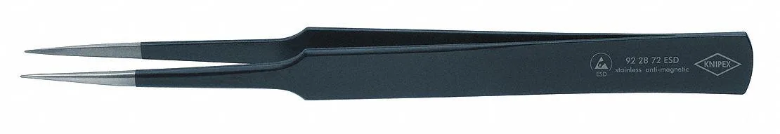 Knipex ESD tweezers, straight black stainless steel tips, 5 1/8 in