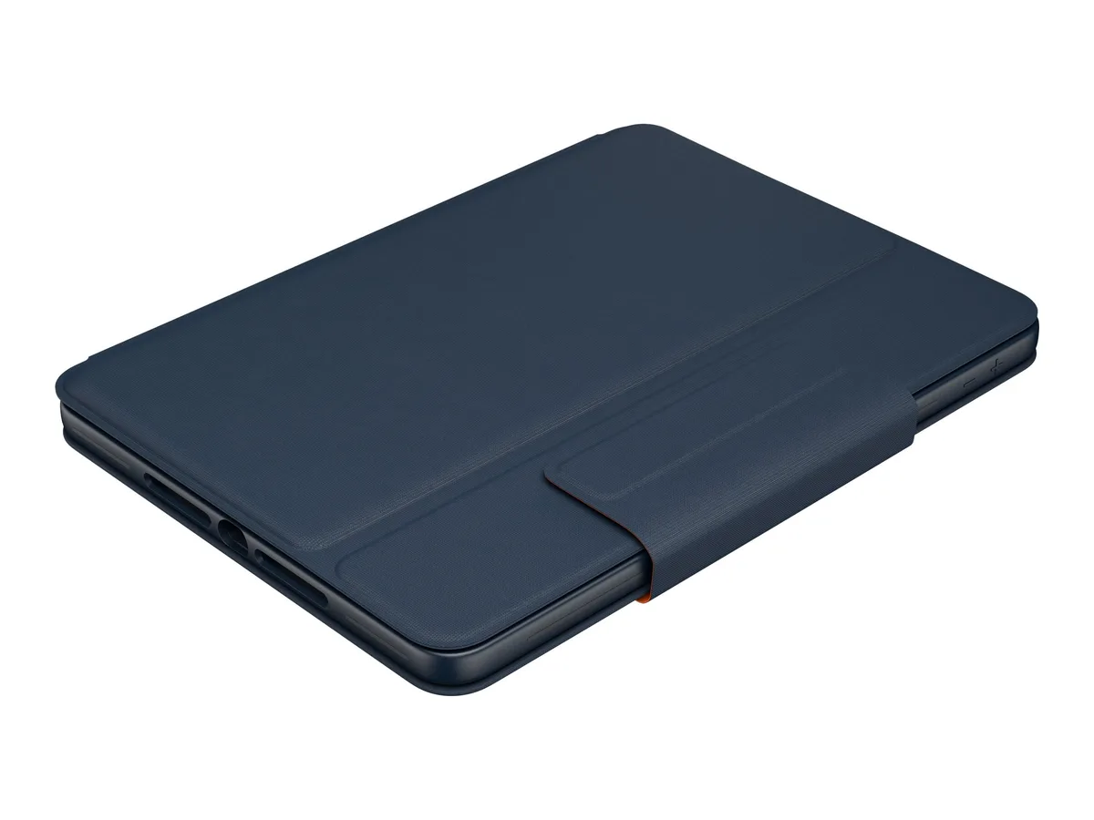 Blue rugged keyboard case with integrated kickstand for iPad