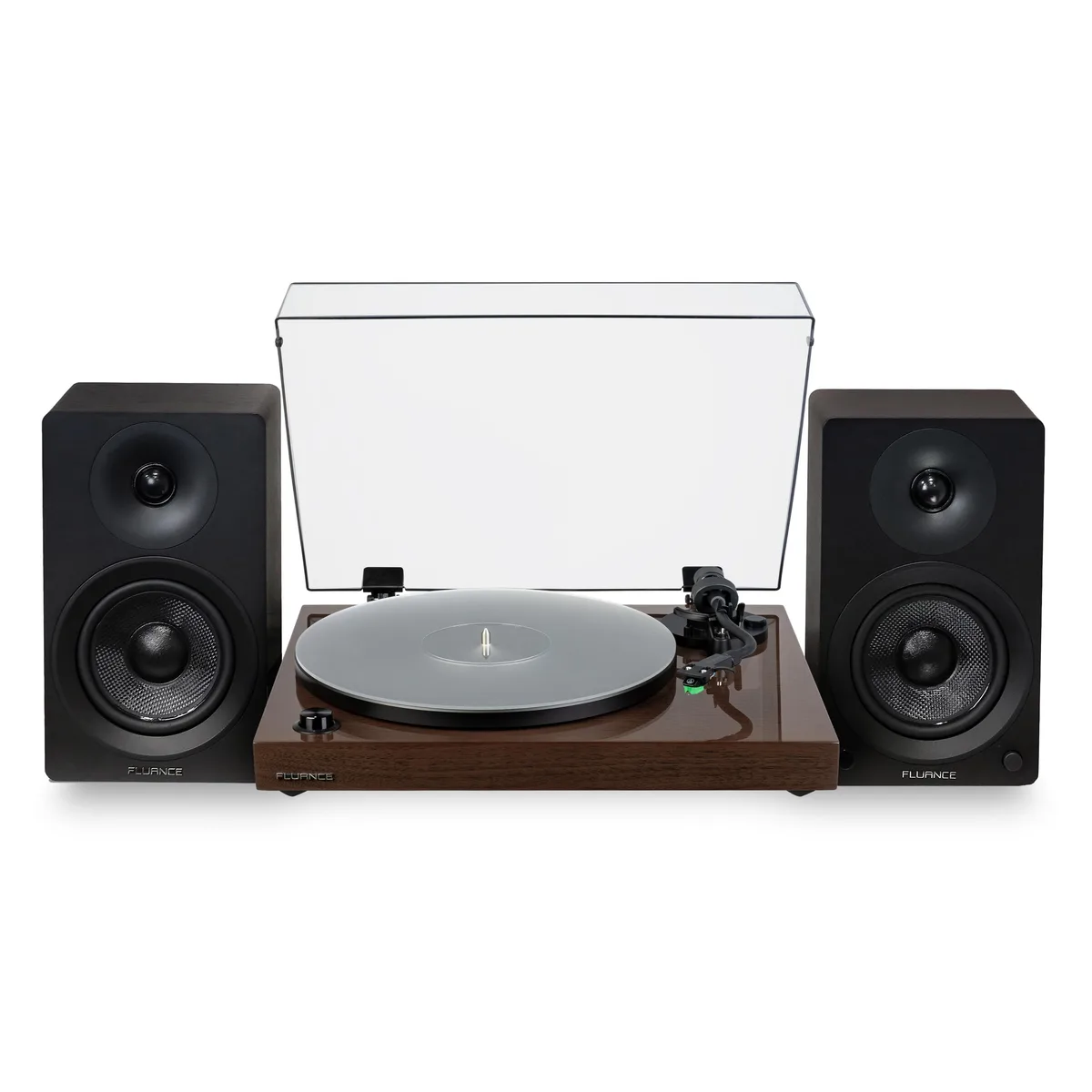 Natural walnut turntable with two matching powered bookshelf speakers
