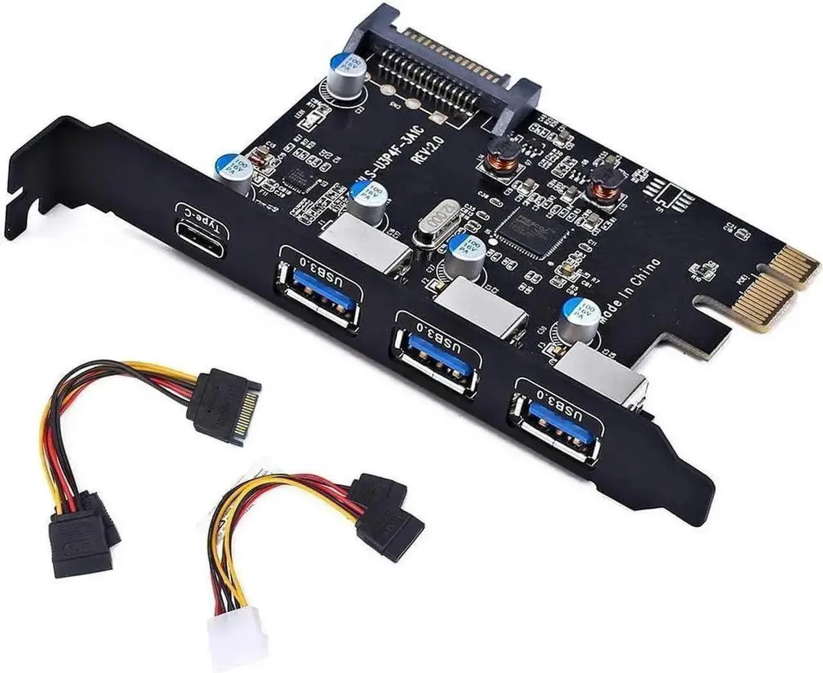 Green PCB card with four USB ports and metal bracket