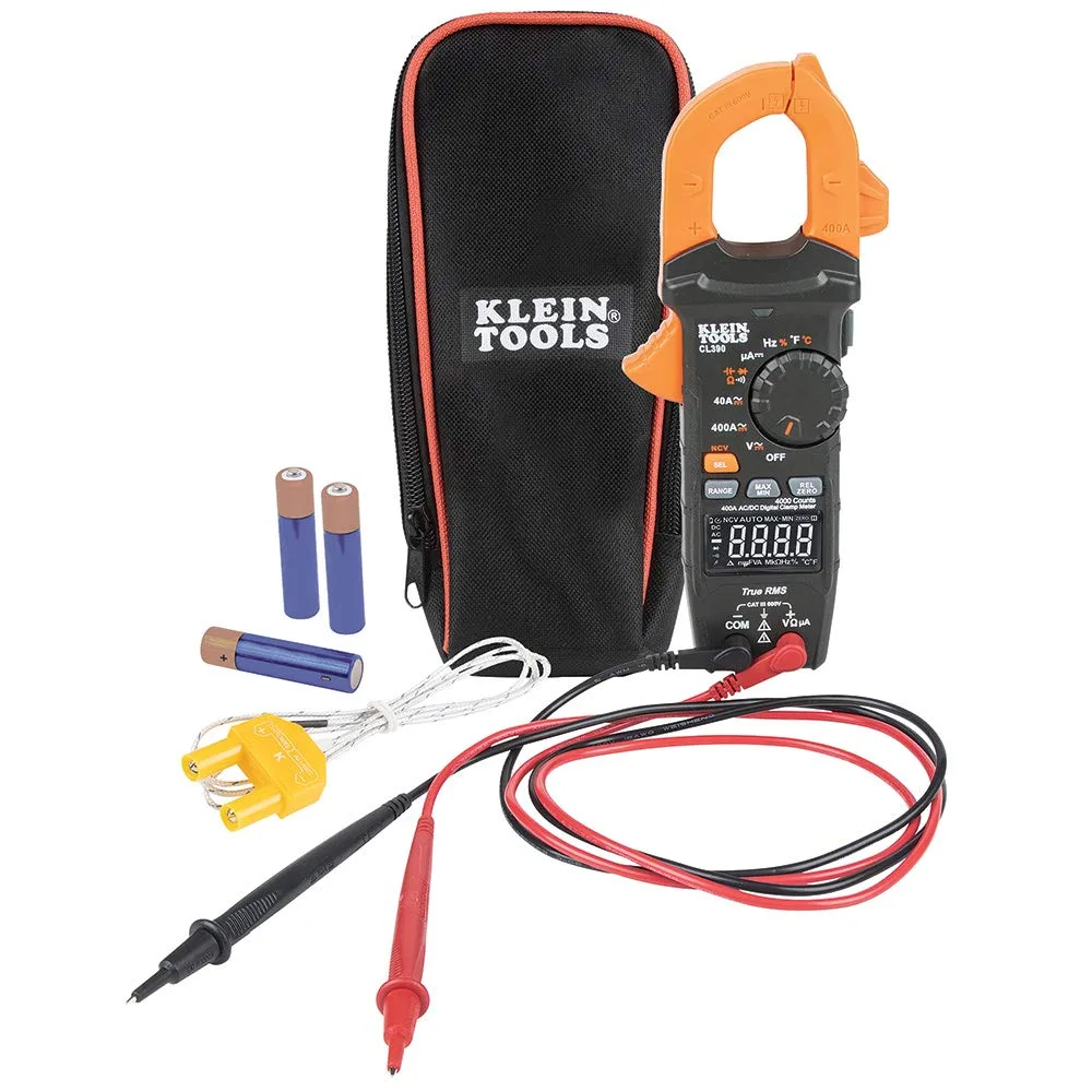 Klein Tools CL390 digital clamp meter with reverse-contrast LCD display and clamp jaw