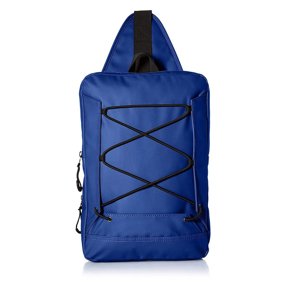 Blue sling backpack with matte waterproof polyester finish and adjustable strap