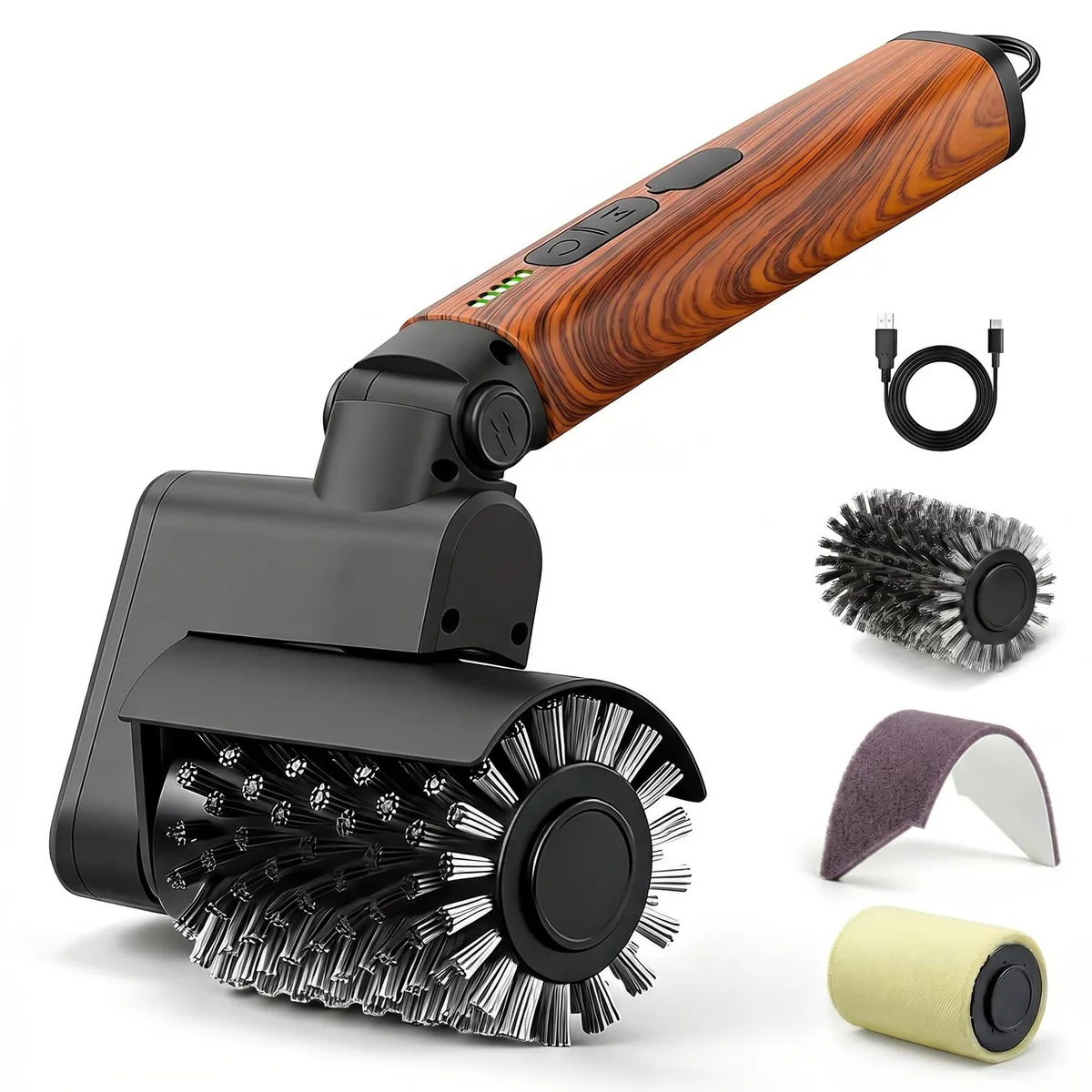 Red cordless electric grill brush with three interchangeable heads, 40.7 cm tall, 1.24 kg