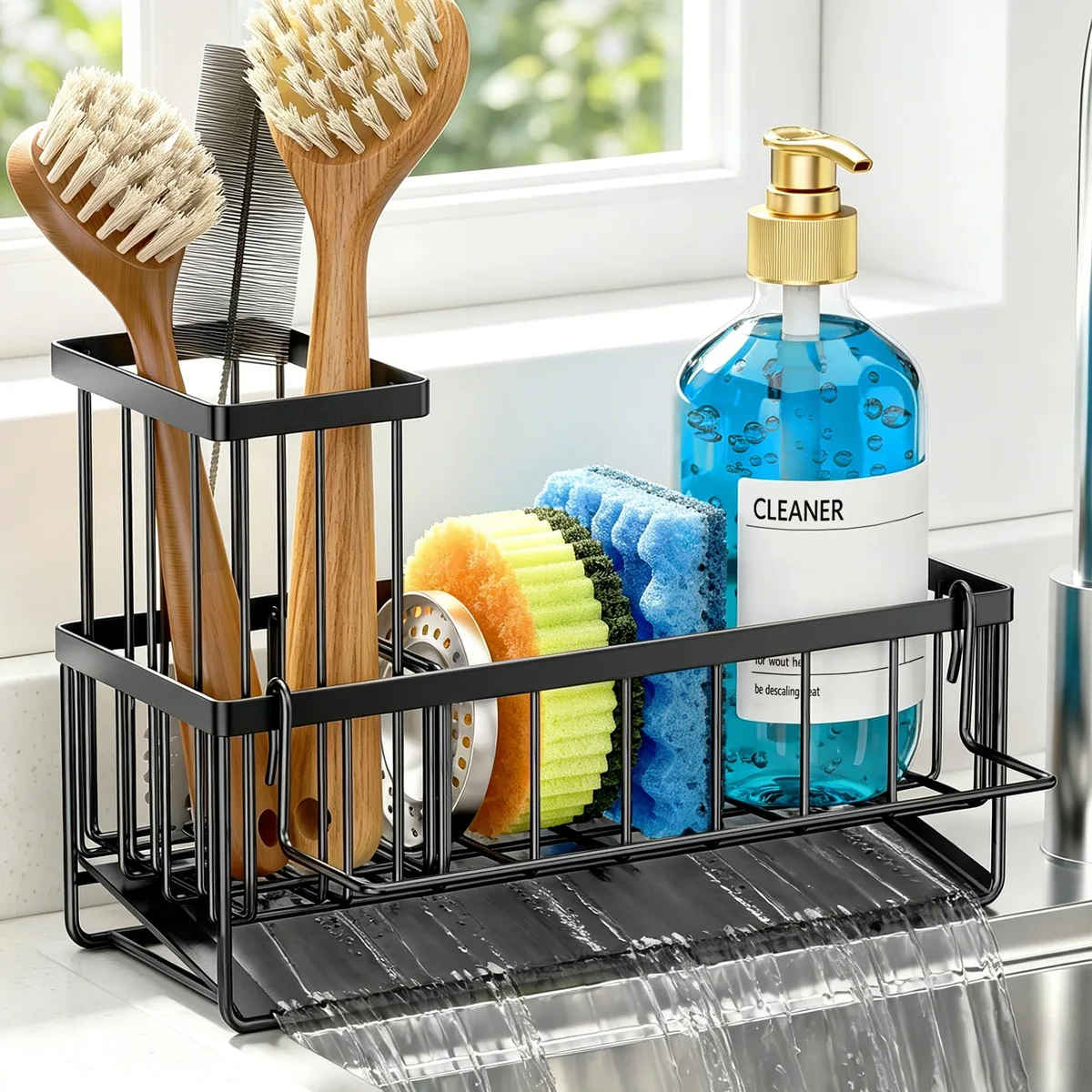 Black stainless steel sink caddy with sloped drain tray and removable towel bar