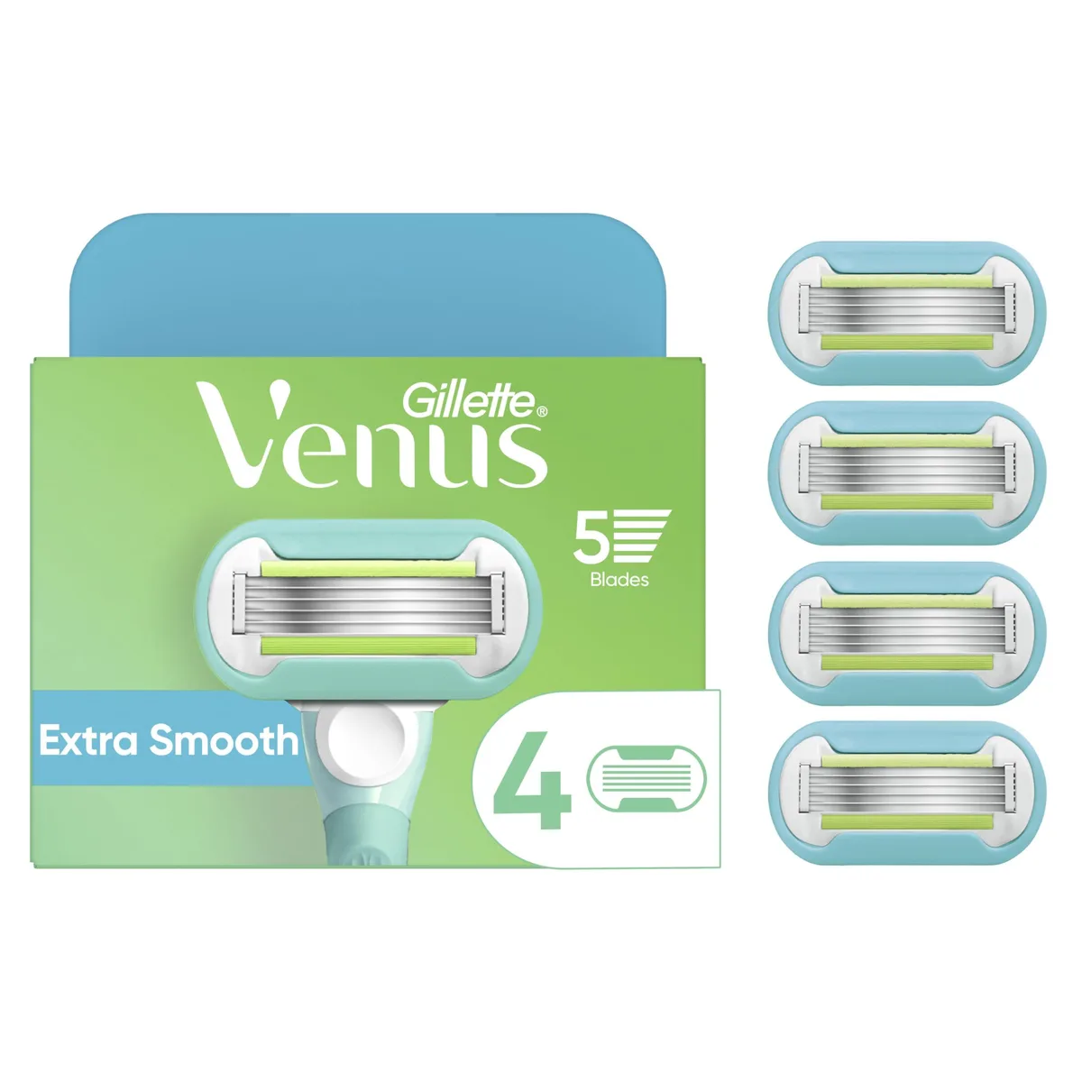 Four Venus blade refill cartridges in white plastic housing with five stainless steel blades each