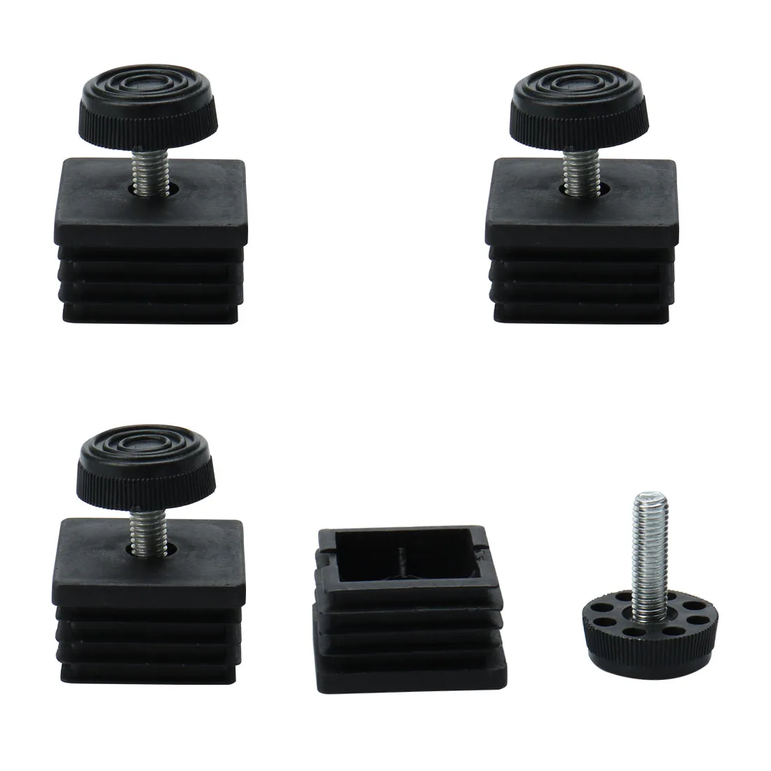 Four square tube inserts with adjustable threaded feet and plastic bases