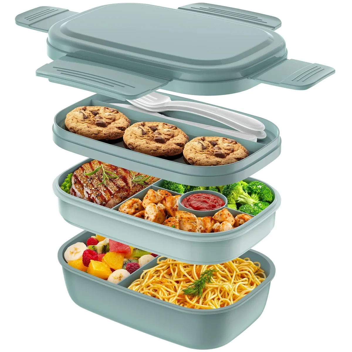 Green three-tier rectangular bento box with utensils