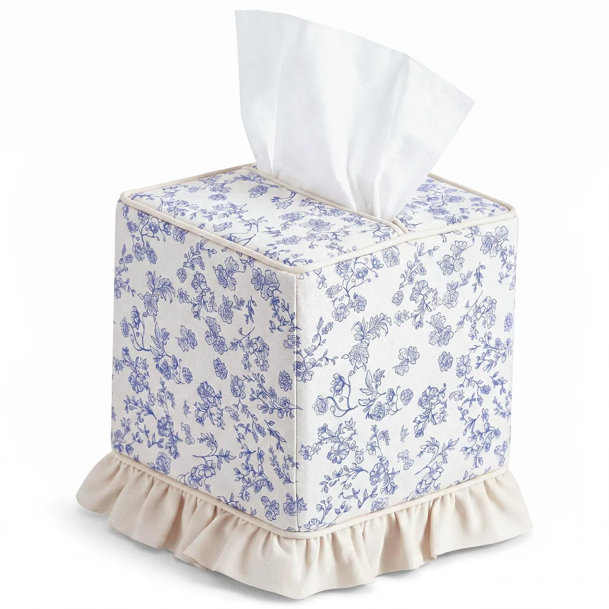 Square blue floral cotton tissue box cover with beige ruffled edges and bottom zipper