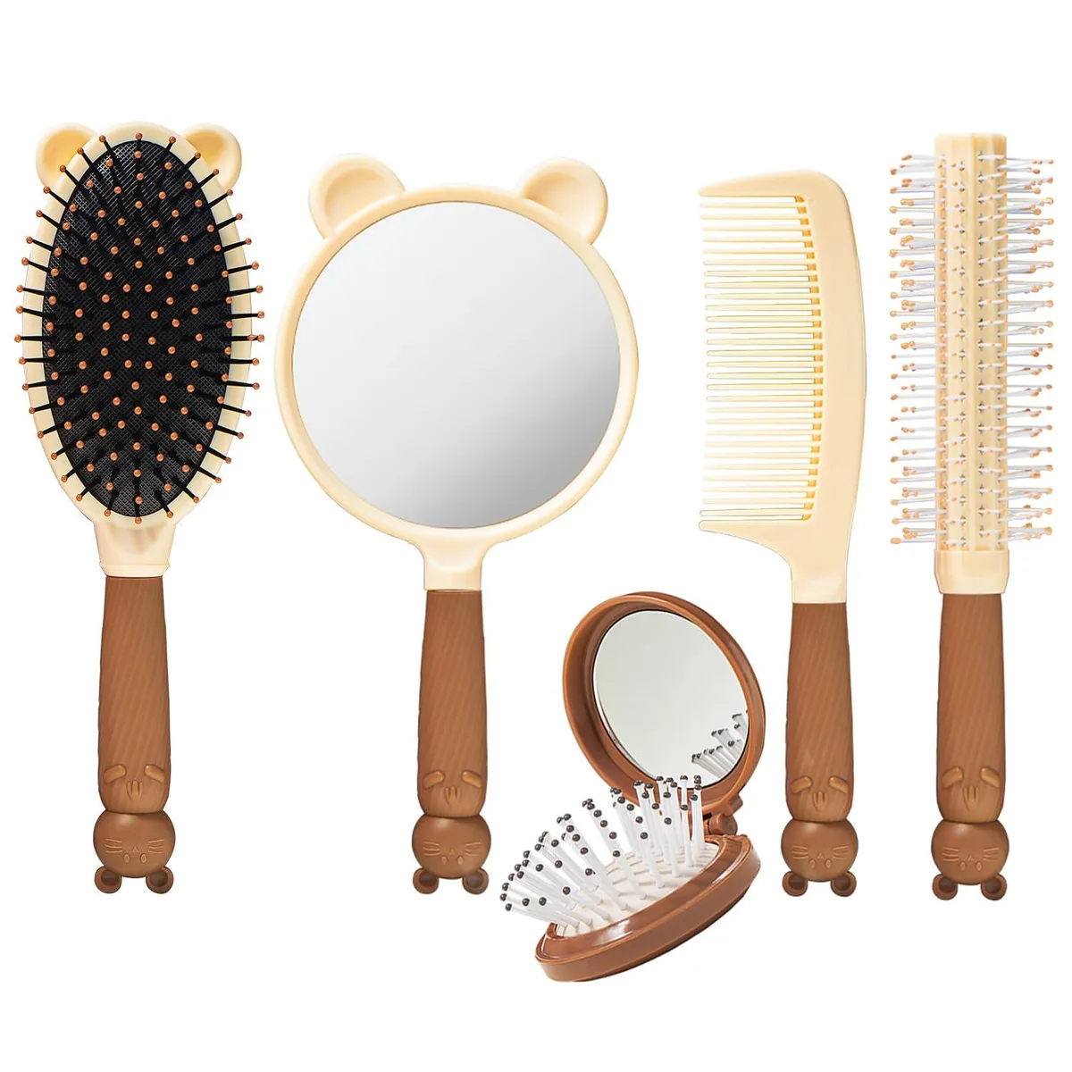 Five-piece hair brush and comb set with mirror and cat-ear silhouette