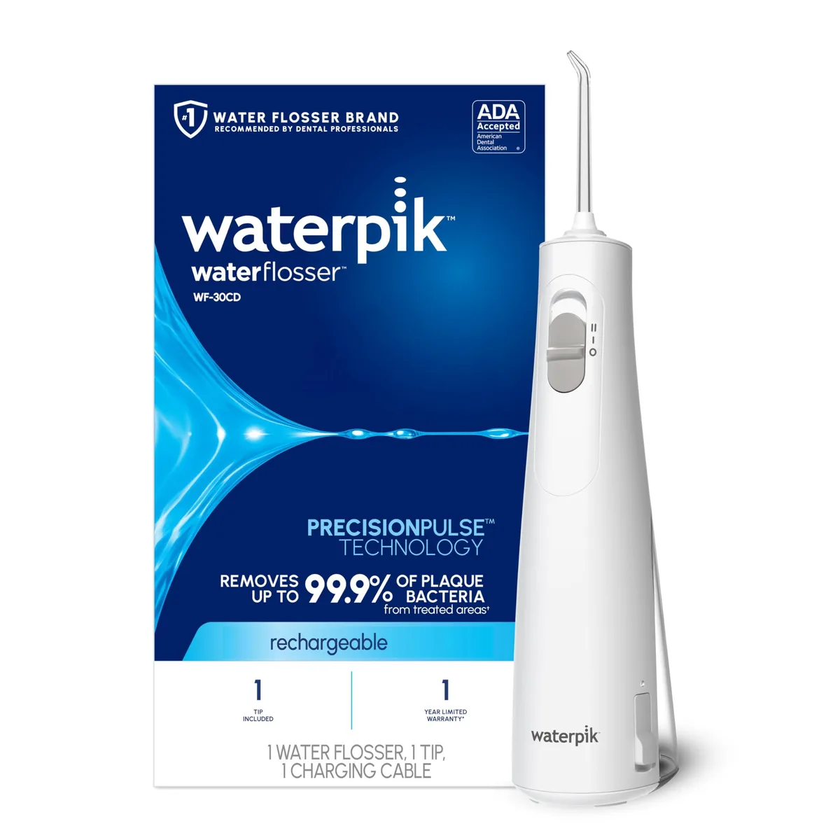 White cordless water flosser with removable reservoir, ergonomic non-slip grip and precision tip