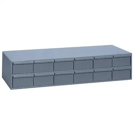 Gray steel drawer bin cabinet with twelve full-width drawers, powder-coated finish, stackable design