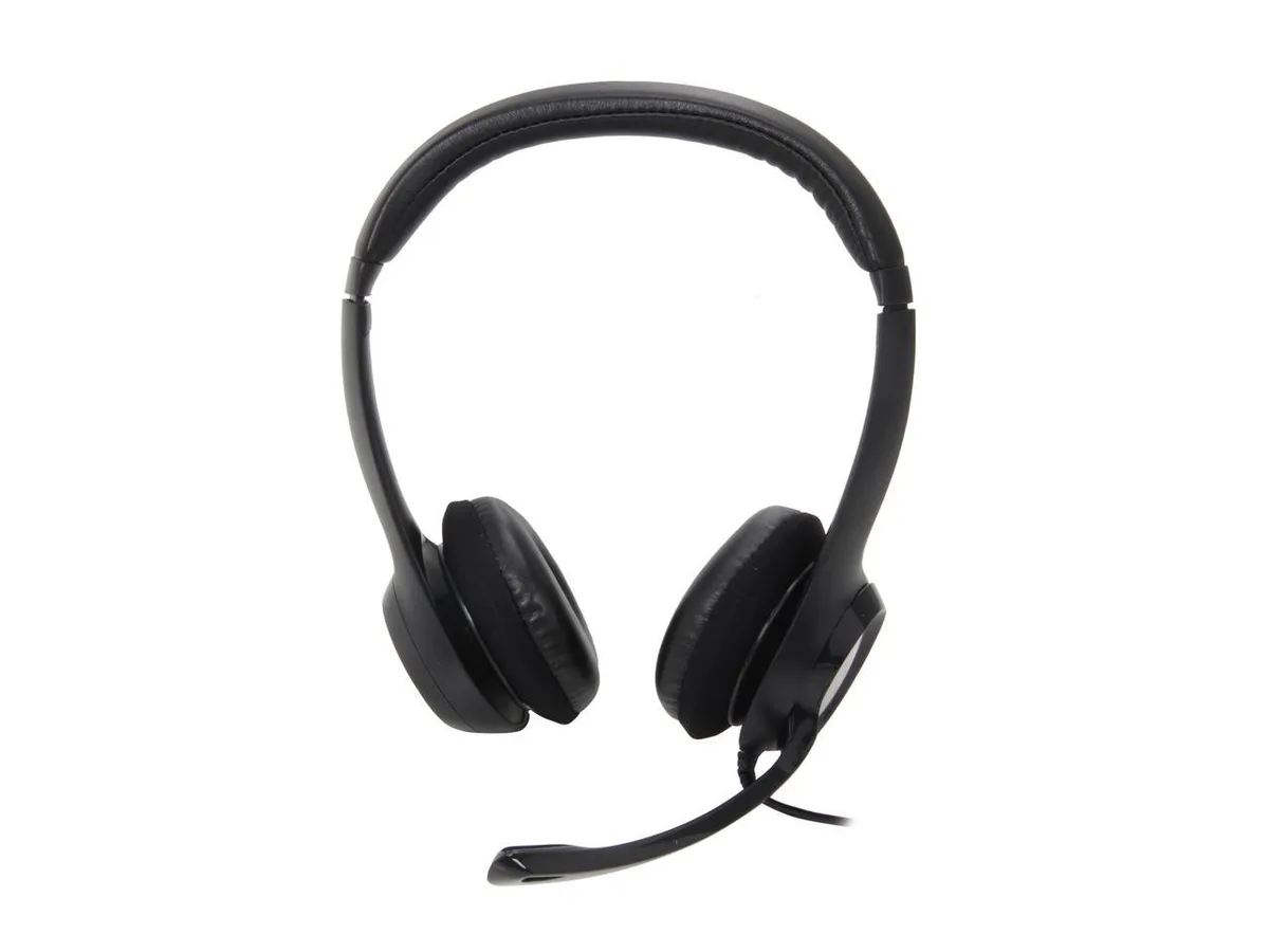 Black on-ear USB headset with padded headband, rotating noise-cancelling mic and inline controls