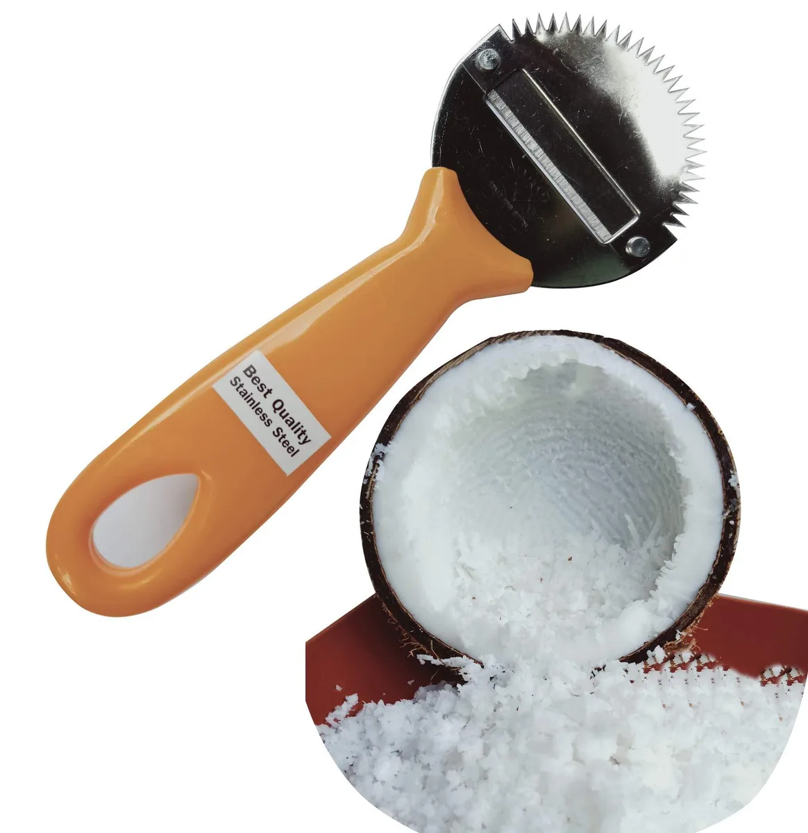 Yellow plastic coconut grater with curved blade and scraper edges, lightweight hand tool