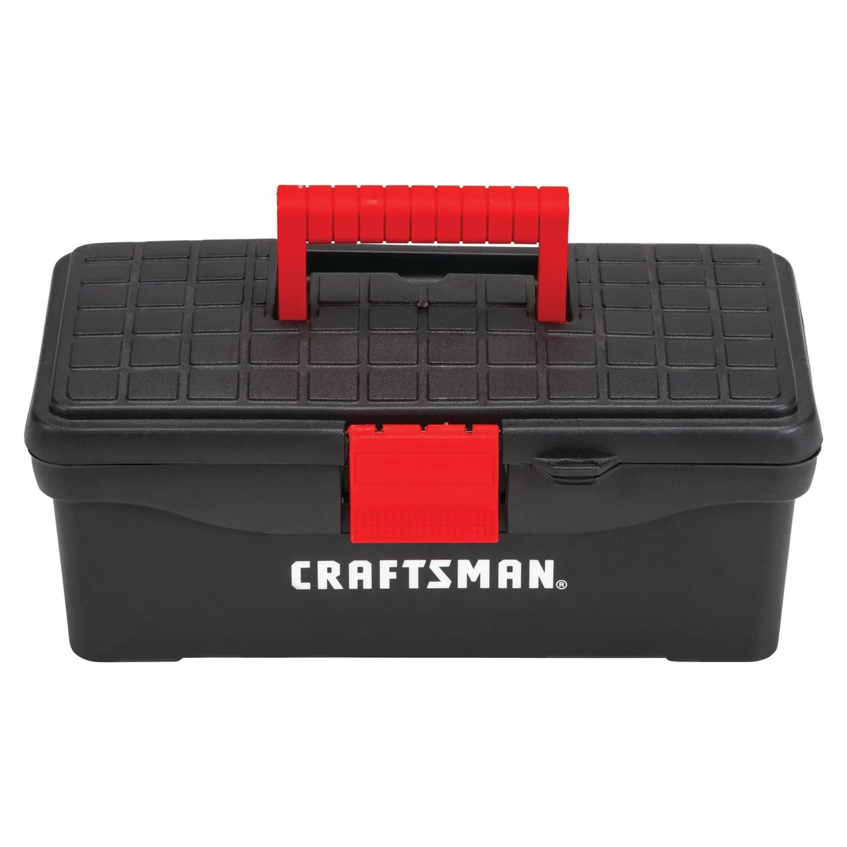 Red and black 13 inch tool box with metal latch and comfort grip handle