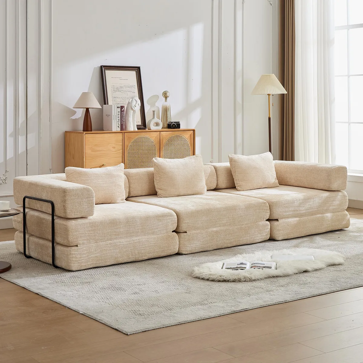 Beige chenille modular floor sofa bed with fixed frame
